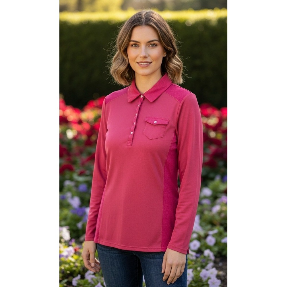 Birdy & Grace Womens Long Sleeve Polo Shirt Stretch Korea Made Large Pink Pocket
